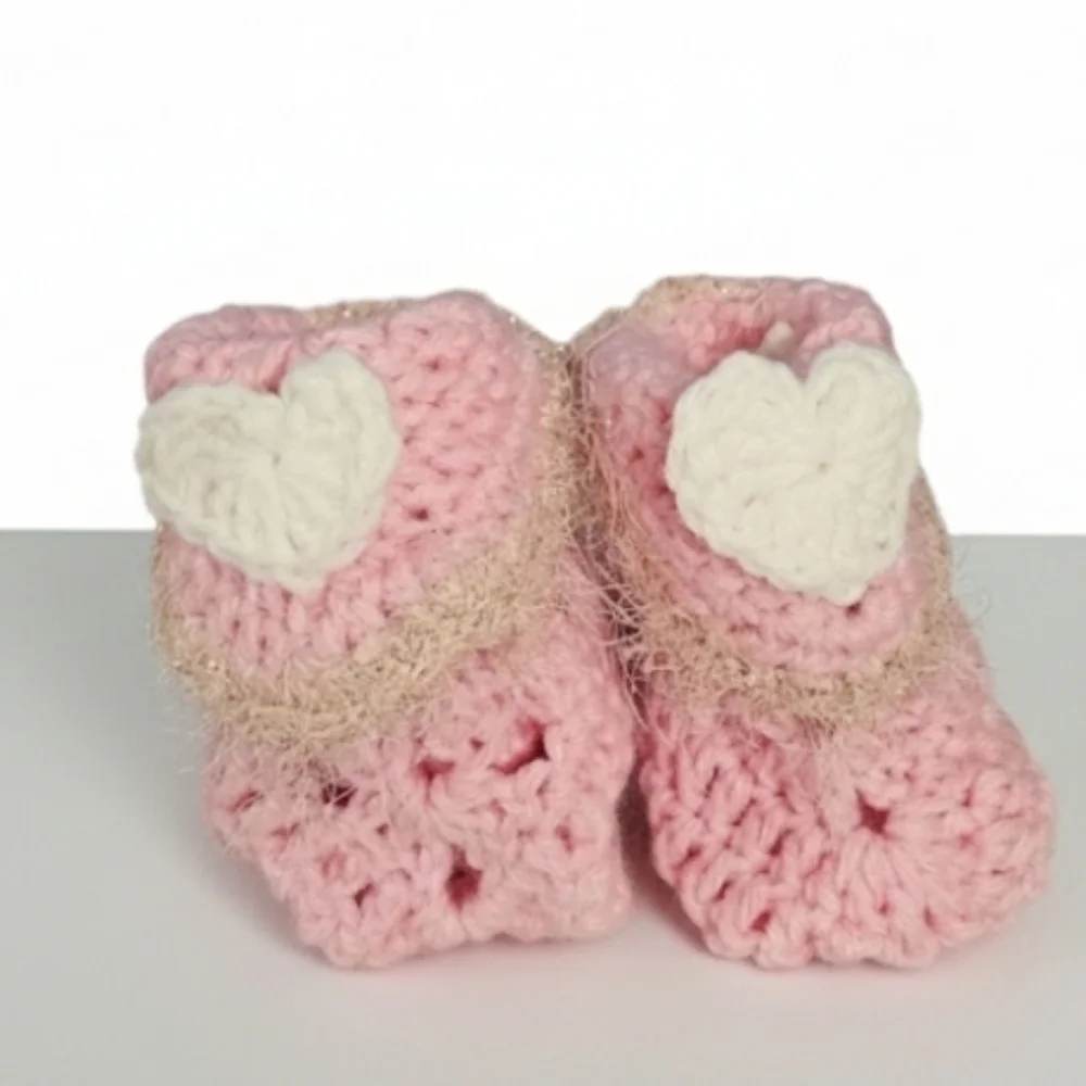 Hand Crochet Baby Booties Pink White Heart Valentine Granny Square Baby shoes 5